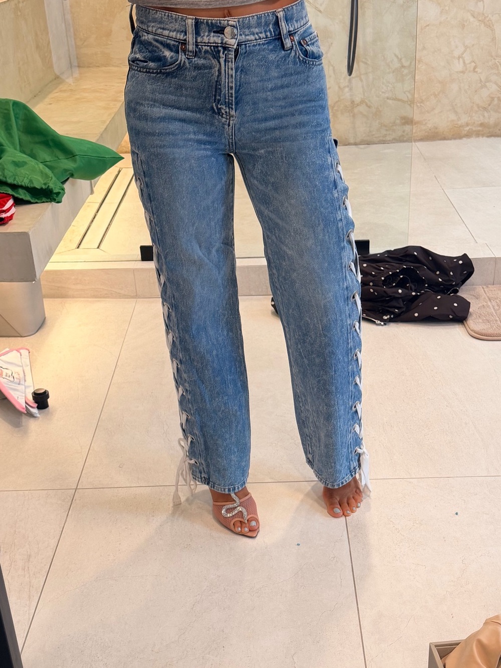 Alice + Olivia Blue Straight-Leg Jeans with Side Lace-Up